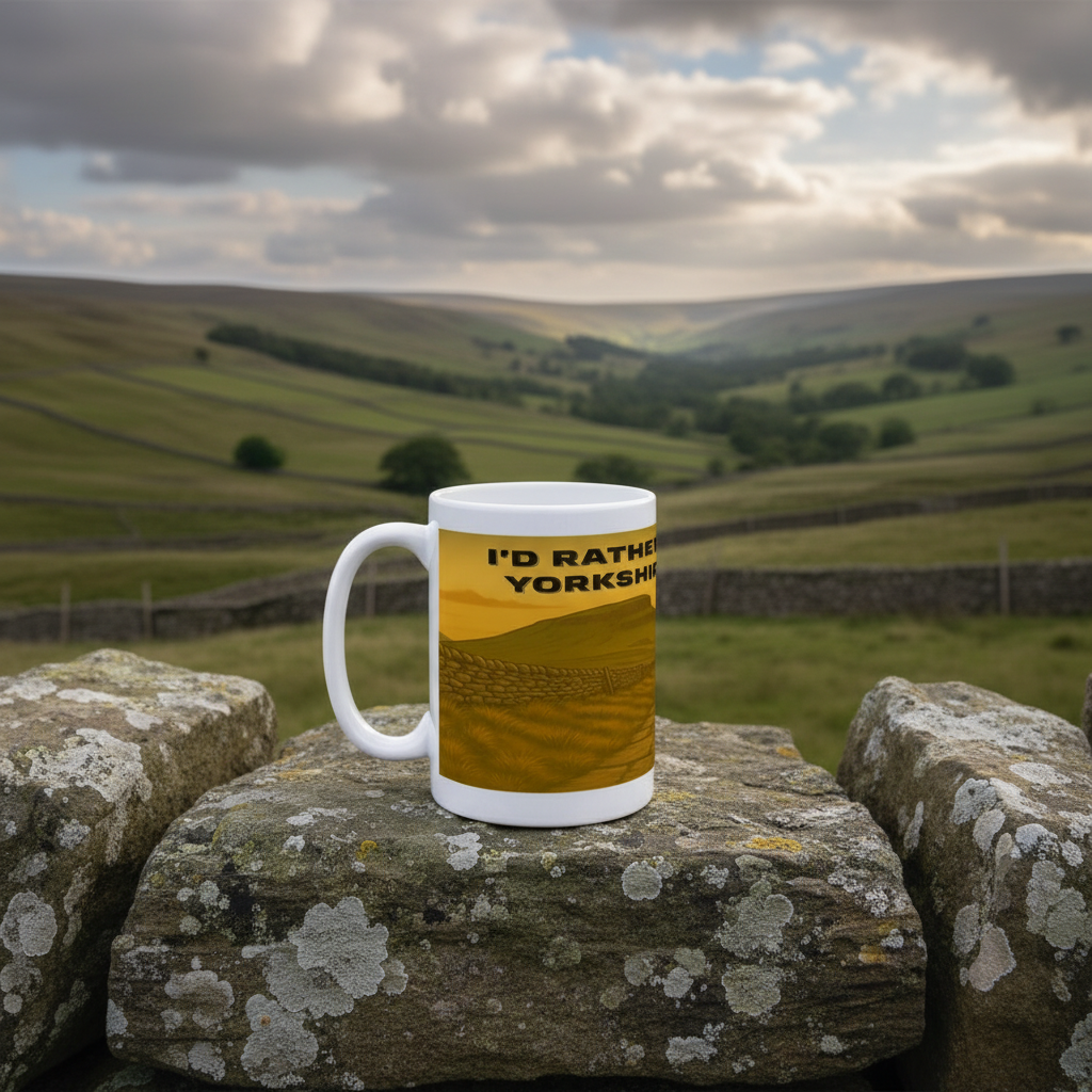 White ceramic mug with yellow landscape and "I'd rather be in the Yorkshire Dales" text.