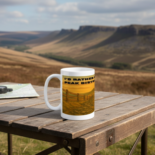 White ceramic mug featuring "I'd Rather Be in the Peak District" text over a scenic golden-hued landscape design.