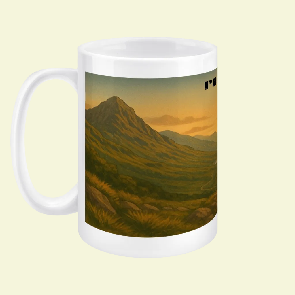 White ceramic mug with a scenic mountain landscape and golden sunset design.