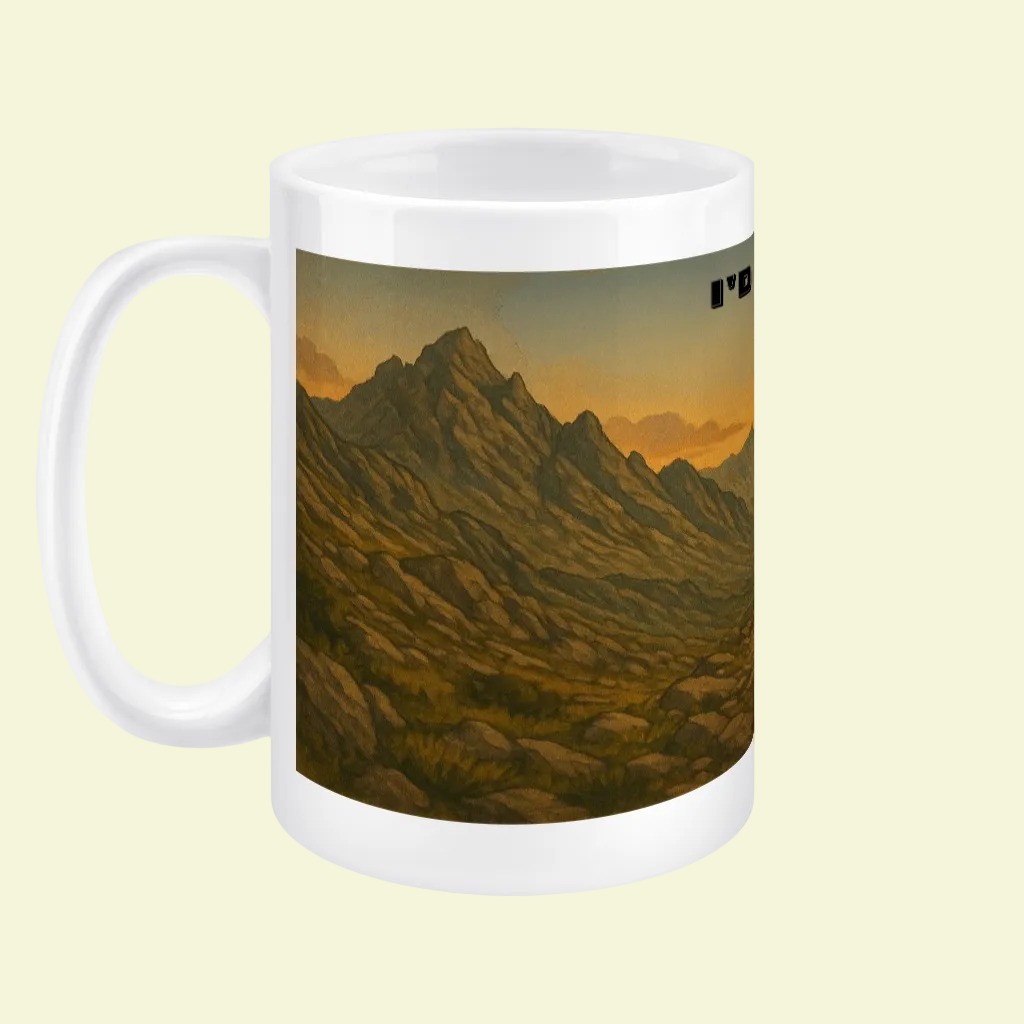 White ceramic mug featuring a detailed brown and green mountain landscape with golden sunset tones.