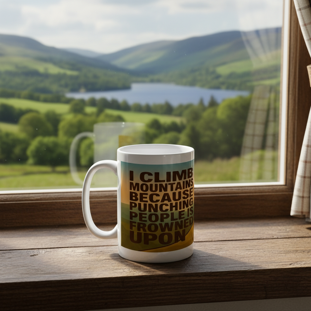 Ceramic Mug 15oz – I Climb Mountains Because Punching People Is Frowned Upon for Her | Funny Hiking Gift