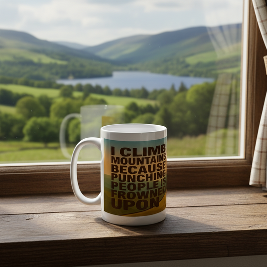 Ceramic Mug 15oz – I Climb Mountains Because Punching People Is Frowned Upon for Her | Funny Hiking Gift