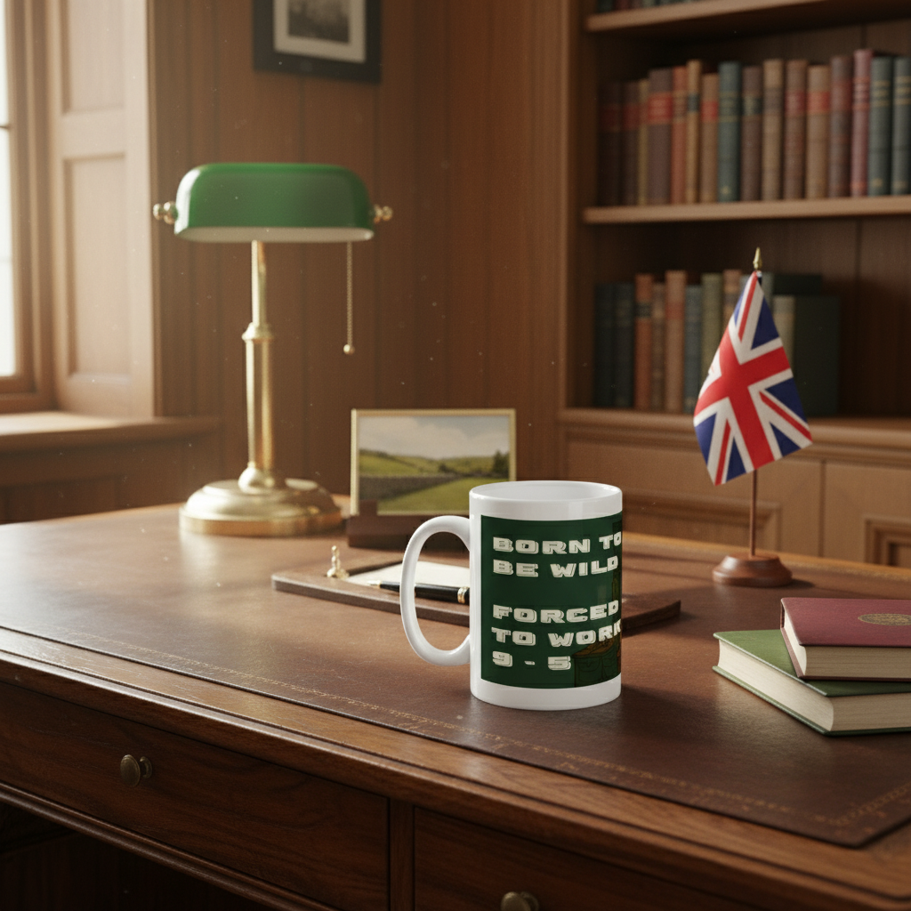 Mug with text on a desk with a lamp and books in the background