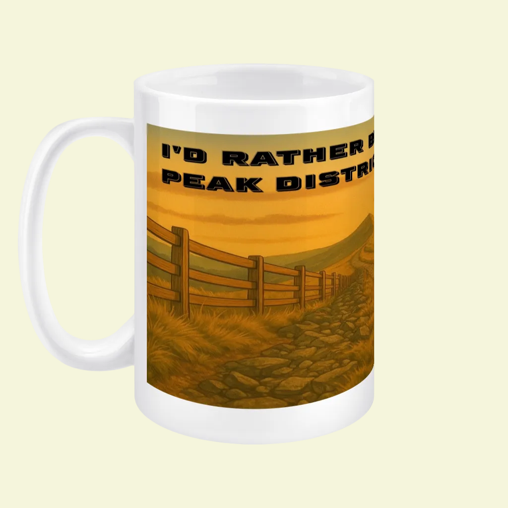 White ceramic mug with hiking trail and wooden fence design, orange sunset background, and black text reading "I'd Rather Be .