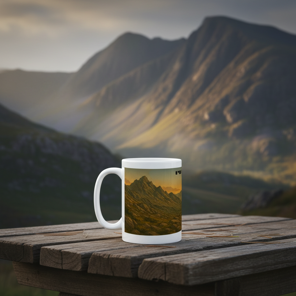 White ceramic mug with mountain landscape design, placed on rustic wooden table outdoors.