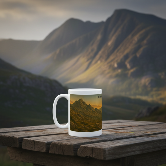 White ceramic mug with mountain landscape design, placed on rustic wooden table outdoors.