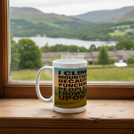 Ceramic Mug 15oz – I Climb Mountains Because Punching People Is Frowned Upon for Him | Funny Hiking Gift