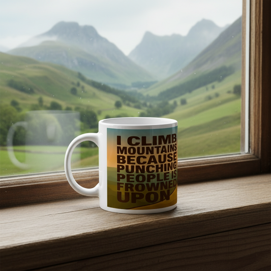 Ceramic Mug 11oz – I Climb Mountains Because Punching People Is Frowned Upon for Her | Funny Hiking Gift