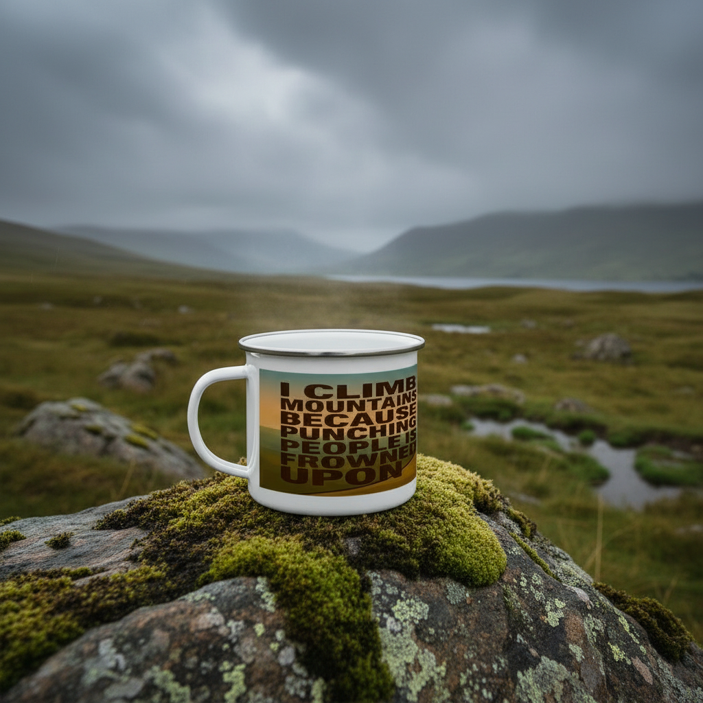 Enamel Mug 12oz – I Climb Mountains Because Punching People Is Frowned Upon for Her | Funny Hiking Gift
