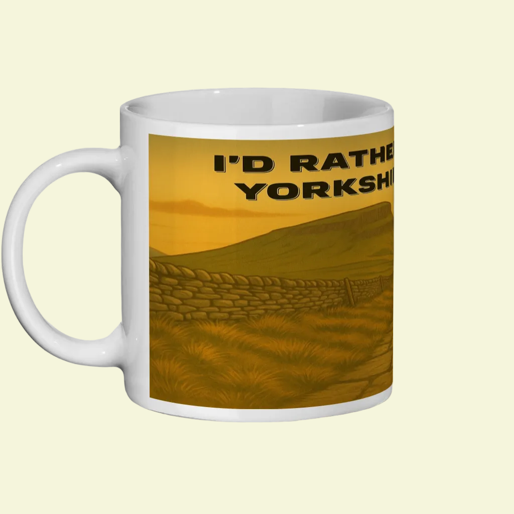 White ceramic mug with a yellow-toned Yorkshire Dales landscape and text "I'd Rather Be in Yorkshire".