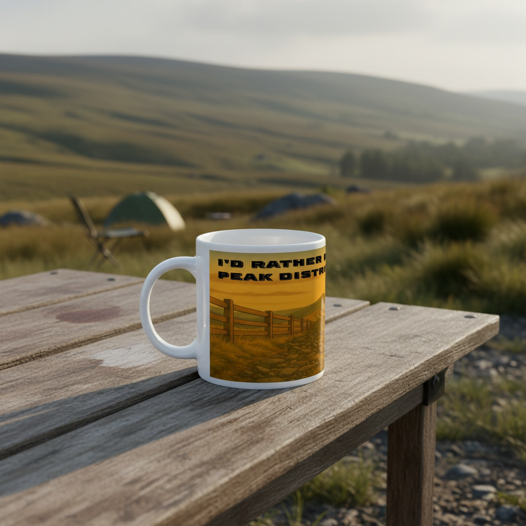 White ceramic mug with yellow hiking design and text "I'd Rather Be in the Peak District" on wooden table outdoors.