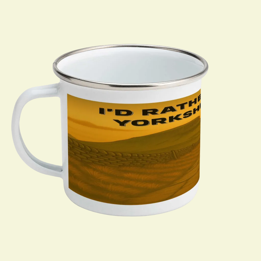 White enamel mug with silver rim featuring scenic Yorkshire Dales landscape and "I'd Rather Be in Yorkshire Dales" text.