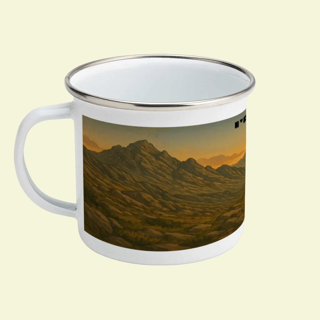 White enamel mug with silver rim featuring a brown mountain landscape and "I'd Rather Be in Snowdonia" text.