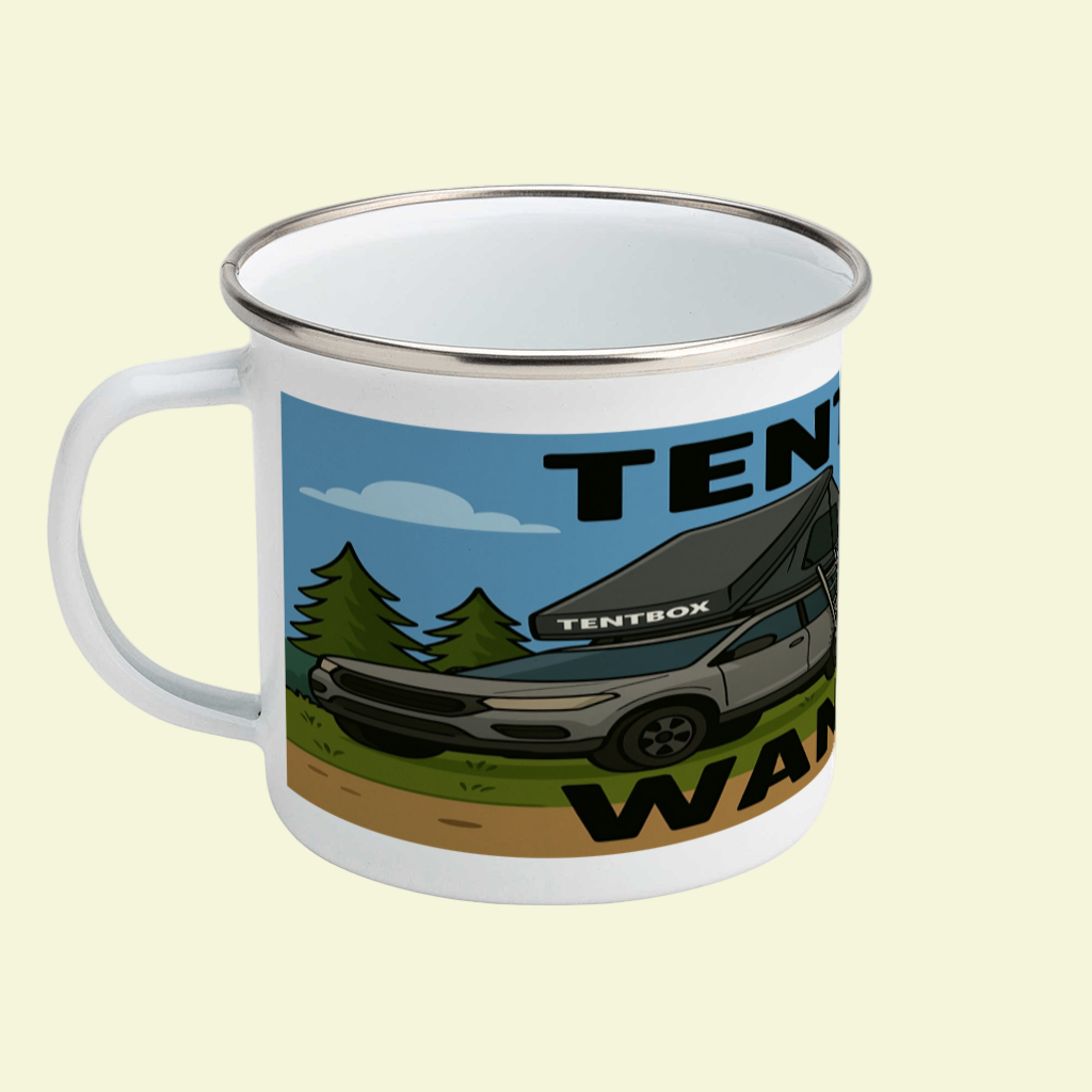 Enamel mug with a camping design and 'TENTBOX' branding on a white background