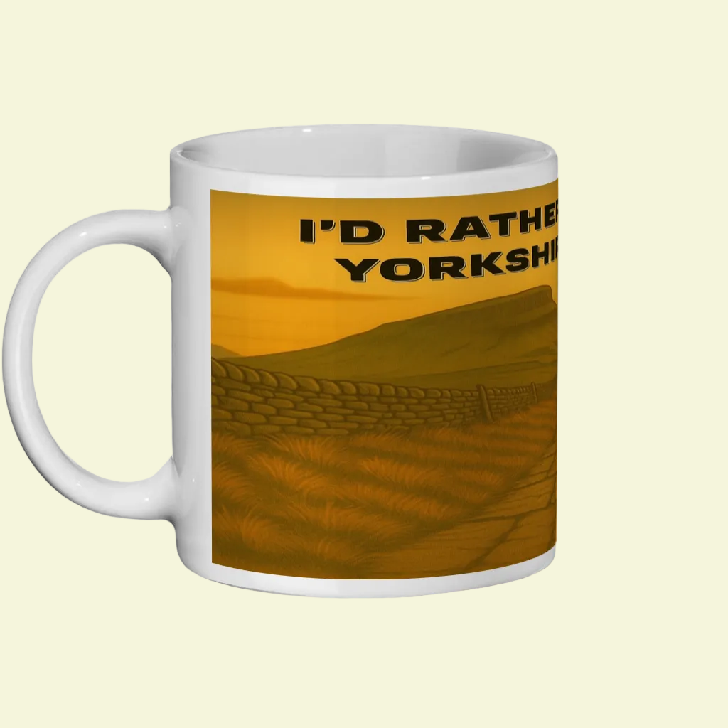 White ceramic mug with orange Yorkshire Dales landscape and text "I'D RATHER YORKSHIRE".
