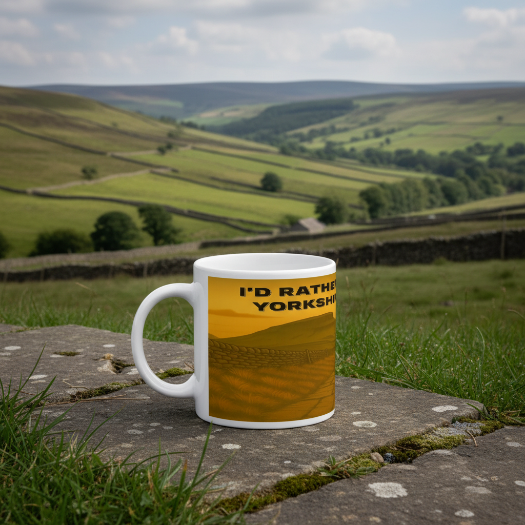 White ceramic mug with "I'd Rather Be in the Yorkshire Dales" text in yellow and brown design.