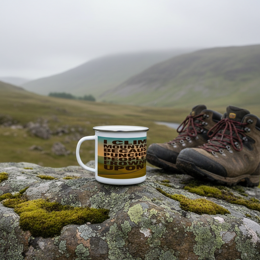 Enamel Mug 12oz – I Climb Mountains Because Punching People Is Frowned Upon for Him | Funny Hiking Gift