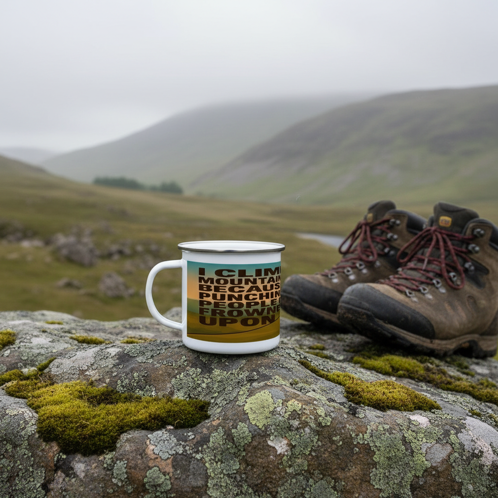 Enamel Mug 12oz – I Climb Mountains Because Punching People Is Frowned Upon for Him | Funny Hiking Gift