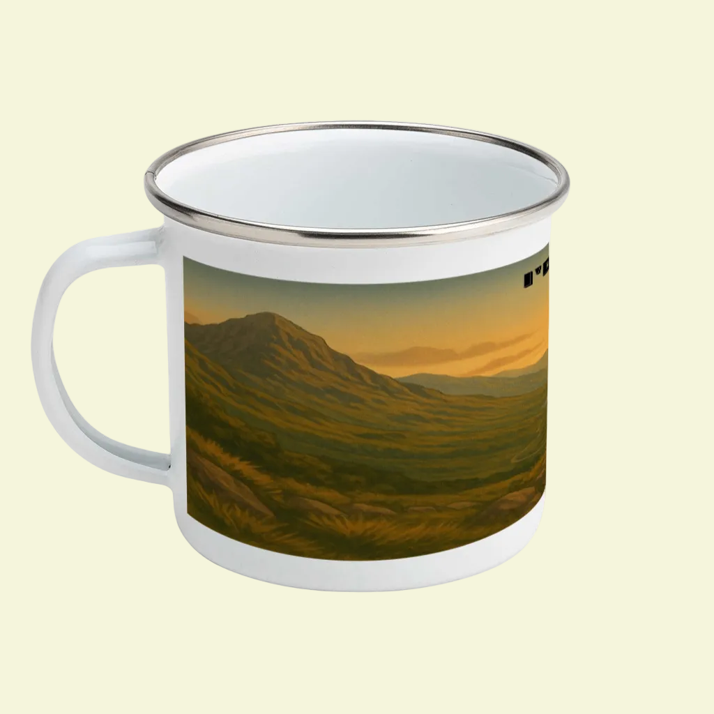 White enamel mug with silver rim featuring a scenic Snowdonia mountain landscape at sunrise.