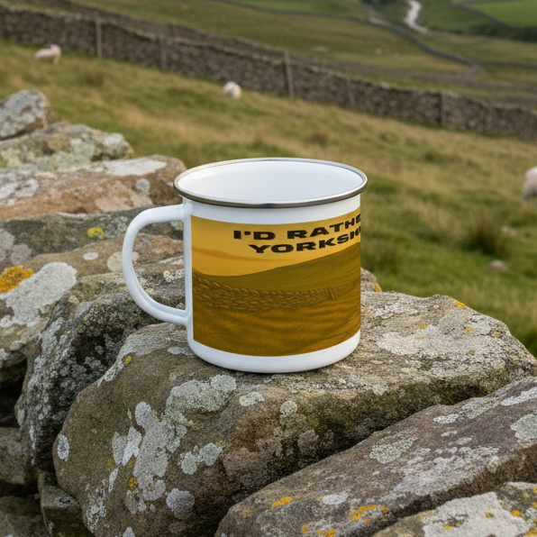 White enamel mug with yellow and brown Yorkshire Dales landscape and "I'd Rather Be in Yorkshire" text.