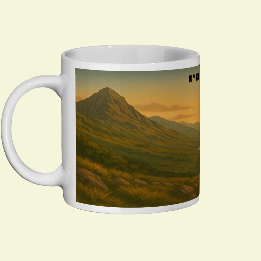 White ceramic mug with scenic mountain landscape and sunset, "I'd Rather Be in Snowdonia" text visible.