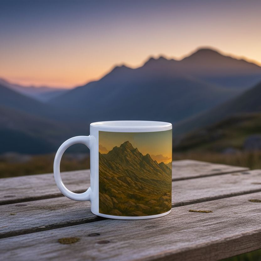 White ceramic mug with a mountain landscape design featuring warm sunset tones on a wooden surface.