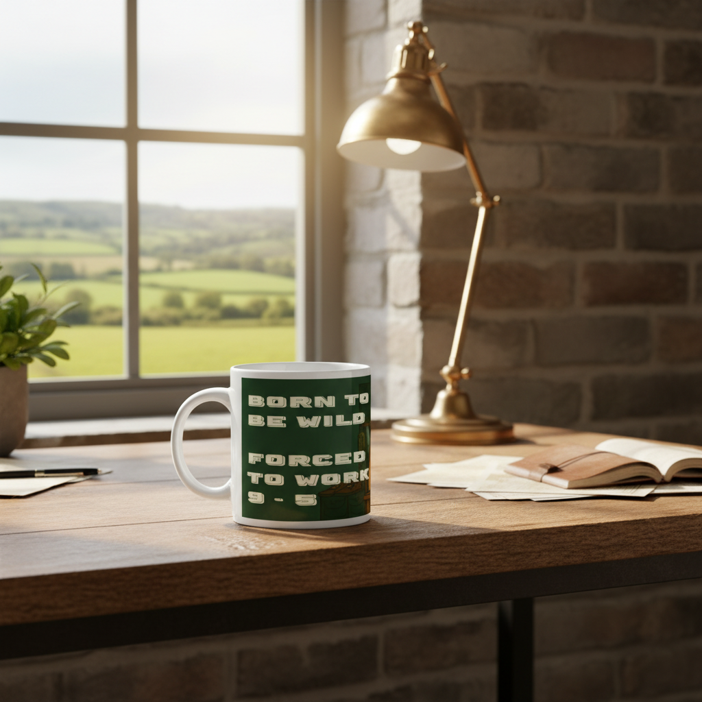 Mug with text on a desk with a lamp and window view