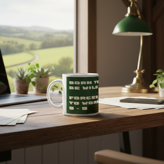 Green mug with text on a wooden desk with a laptop and lamp in a room with a window view.