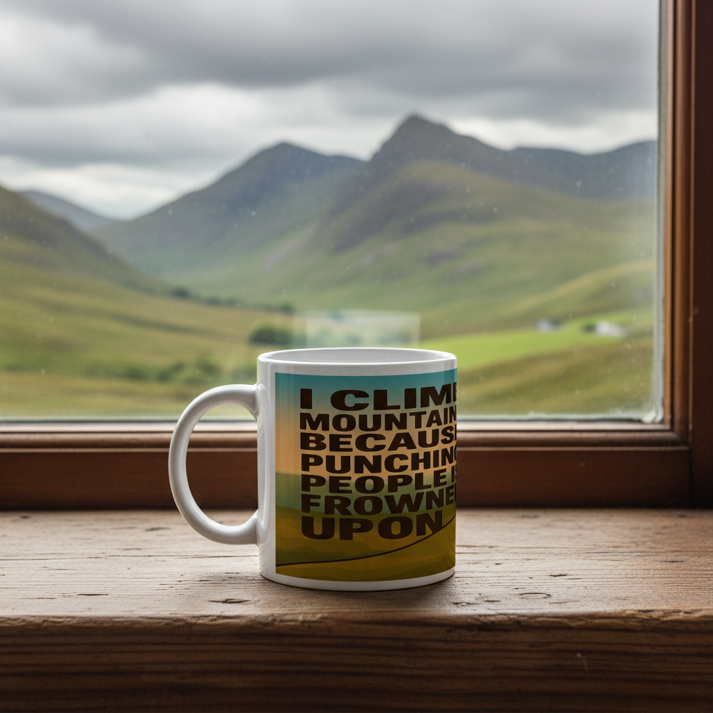 Ceramic Mug 11oz – I Climb Mountains Because Punching People Is Frowned Upon for Him | Funny Hiking Gift