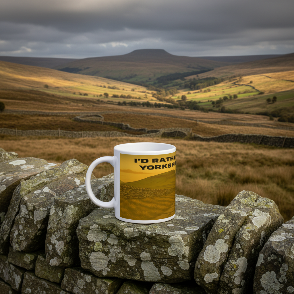 White ceramic mug with yellow landscape and text "I'd Rather Be in Yorkshire" on stone wall in countryside setting.