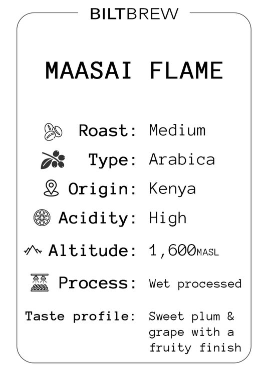 Biltbrew Maasai Flame coffee label with roast, type, origin, acidity, altitude, process, and taste profile details.