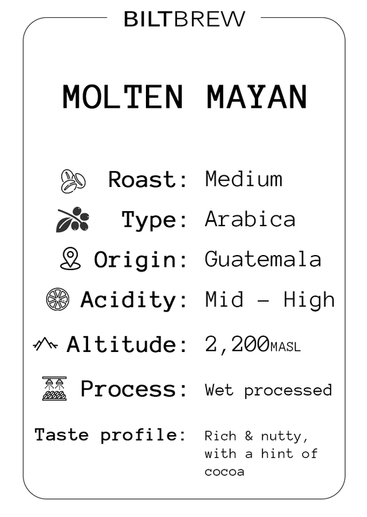 Biltbrew Molten Mayan coffee label with roast, type, origin, acidity, altitude, process, and taste profile information.