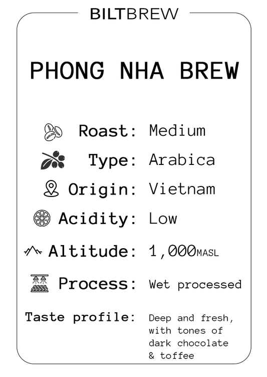 Biltbrew Phong Nha Brew coffee label with details on roast, type, origin, acidity, altitude, process, and taste profile.