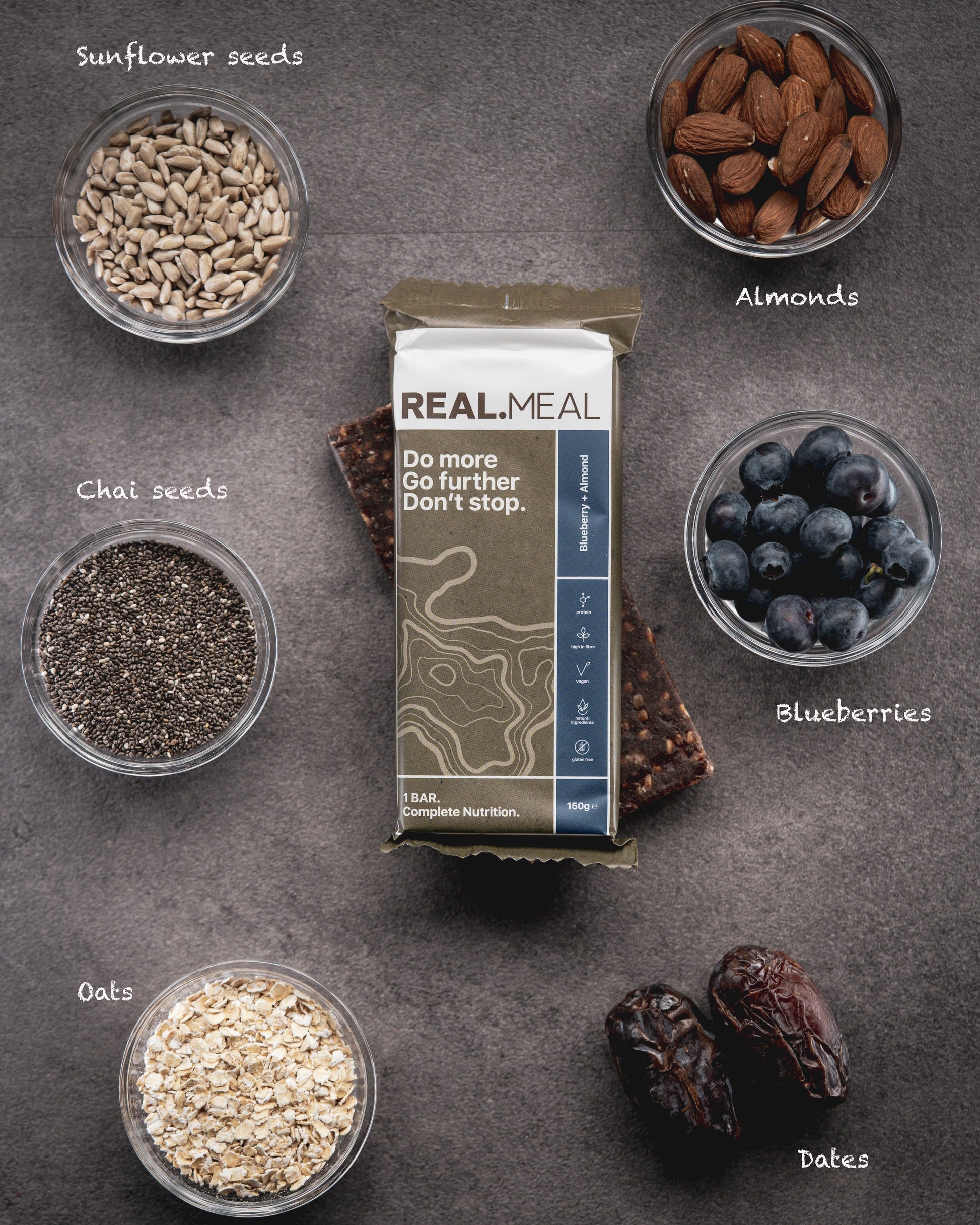Real Meal package surrounded by sunflower seeds, almonds, blueberries, chia seeds, oats, and dates on a gray surface.
