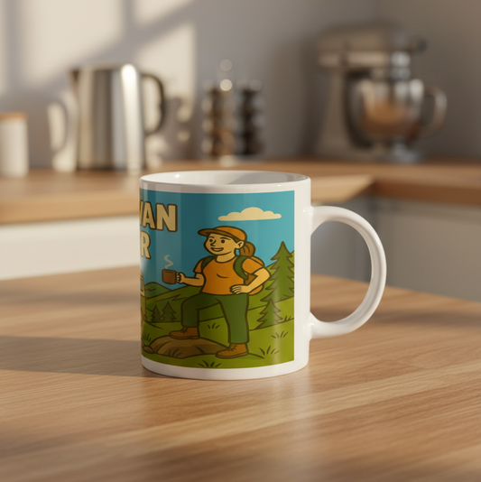 campervan wanker mug on a kitchen worktop