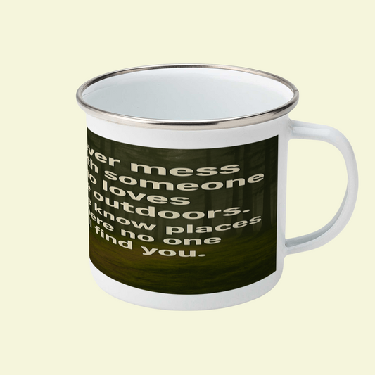 White enamel mug with silver rim for hikers