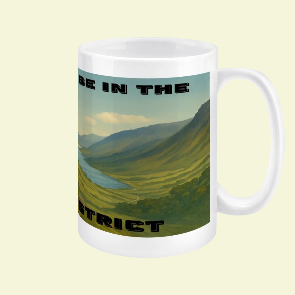 White ceramic mug featuring a scenic Lake District valley with bold black text around the image.