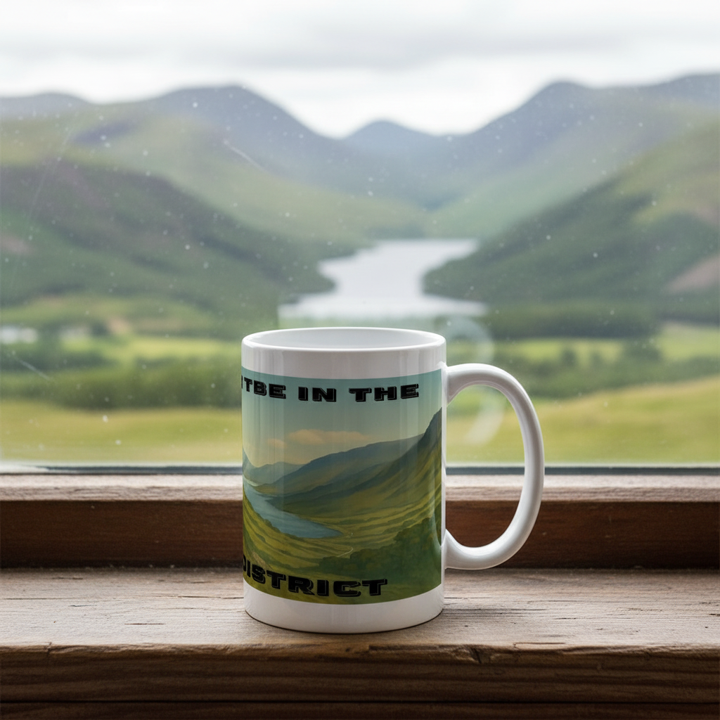 White ceramic mug with scenic Lake District landscape and bold black text design.