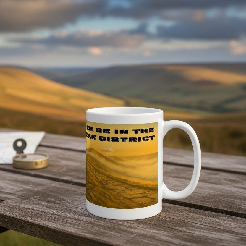 White ceramic mug with black text "I’d Rather Be in the Peak District" on a wooden picnic table outdoors.