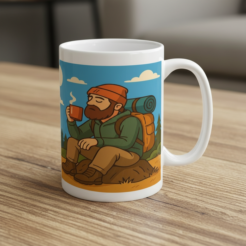 Mug with a cartoon design of a bearded man with a backpack holding a cup, sitting on a log in a forest.
