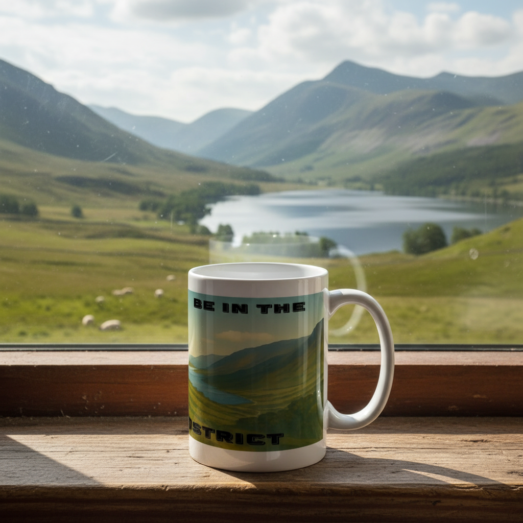 White ceramic mug with Lake District landscape and "I'd Rather Be in the Lake District" text.