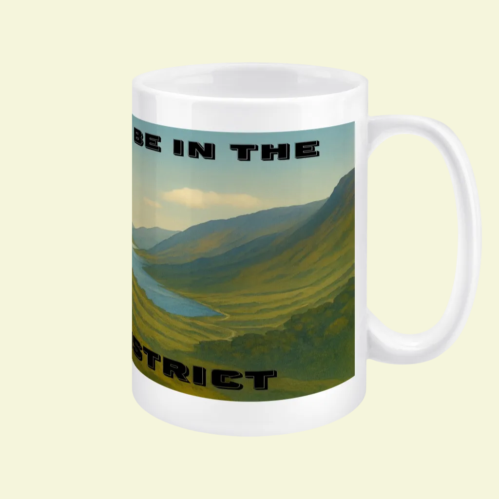 White ceramic mug with scenic Lake District valley and bold black text reading "I'd Rather Be In The Lake District".