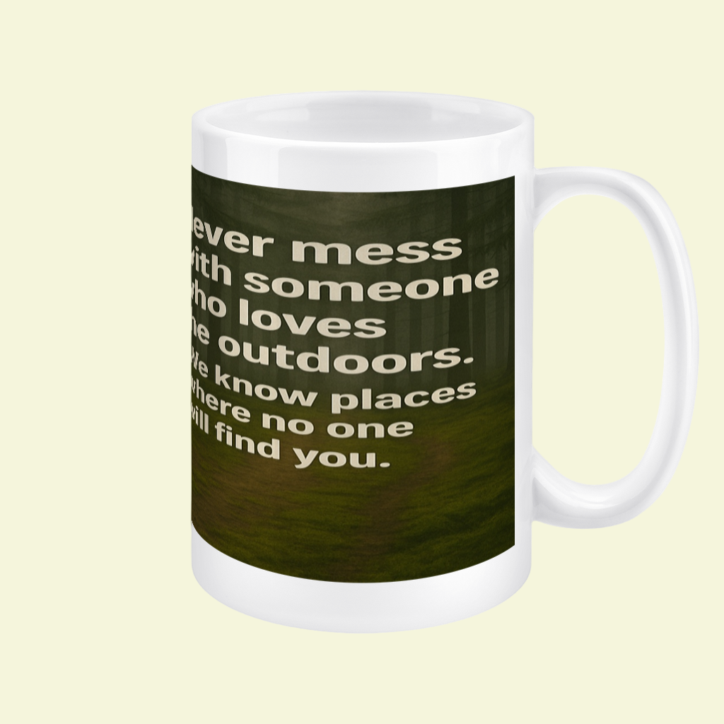 White mug with a dark green background and white text on a white background
