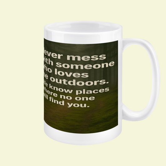 White mug with a dark green background and white text on a white background