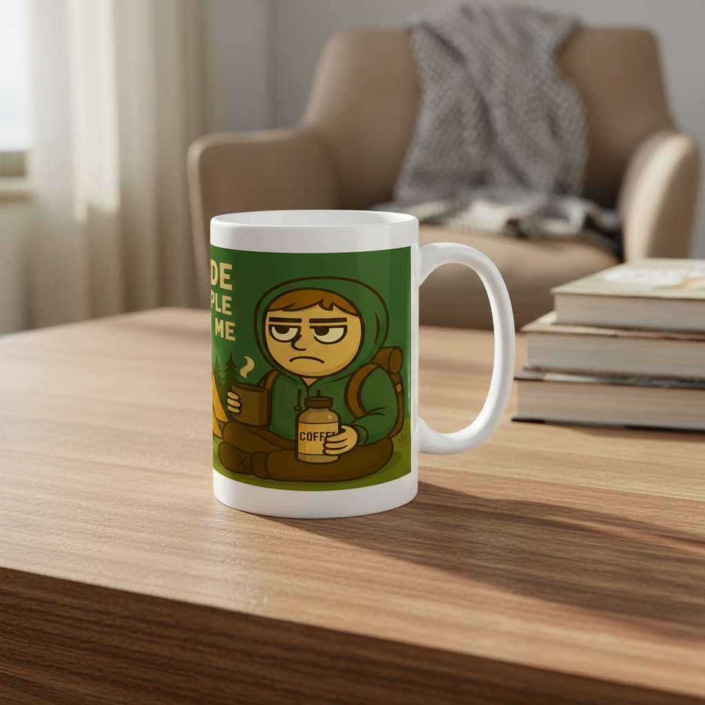 Mug with a cartoon character holding a coffee cup on a wooden table.