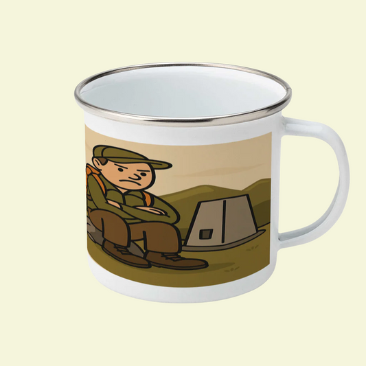 White enamel mug with silver rim, printed with sarcastic hiking quote, perfect UK gift for walkers