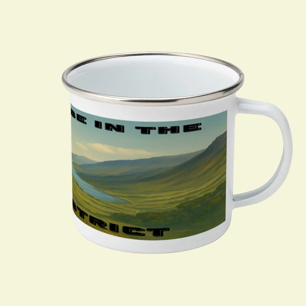 White enamel camping mug with silver rim and Lake District landscape design.