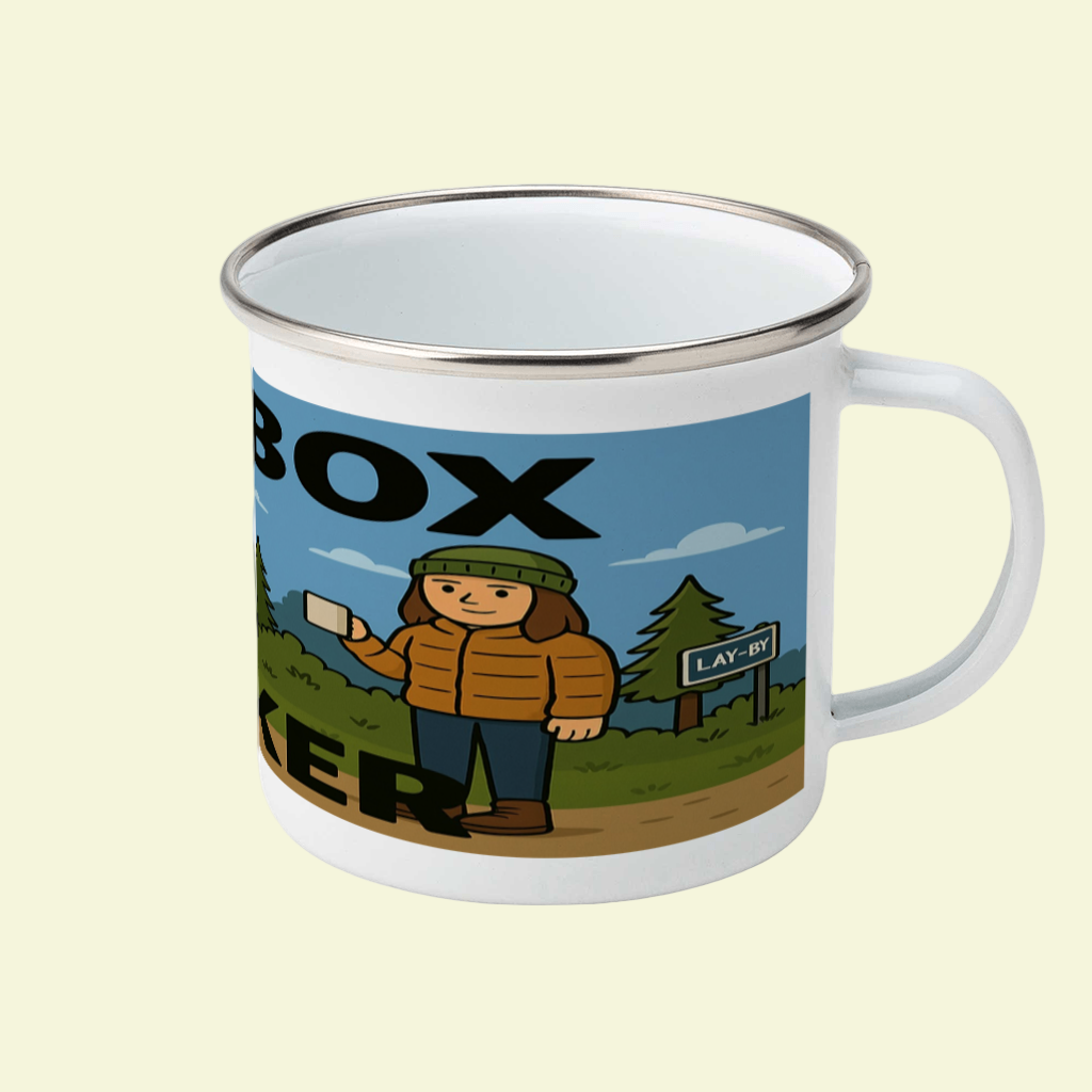 Mug with a design of a person holding a sign on a scenic background.