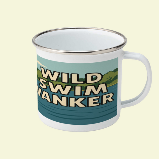 Mug with 'Wild Swim Wanker' text on a green background