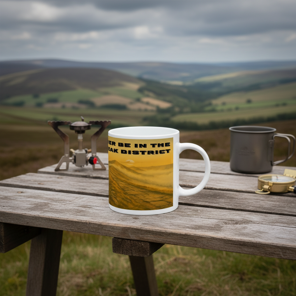 White ceramic mug with yellow and black "I'd Rather Be in the Peak District" text on a wooden picnic table outdoors.